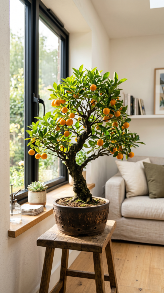 A bonsai tree with ripe fruit, being carefully tended to by a person