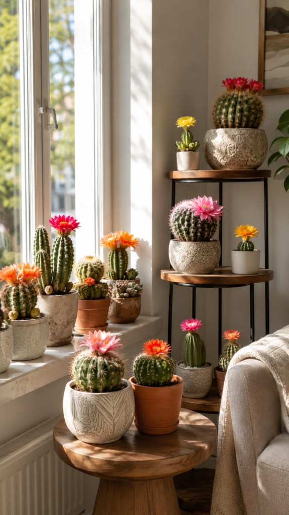 Flowering cacti displayed in decorative pots in a cozy home interior.