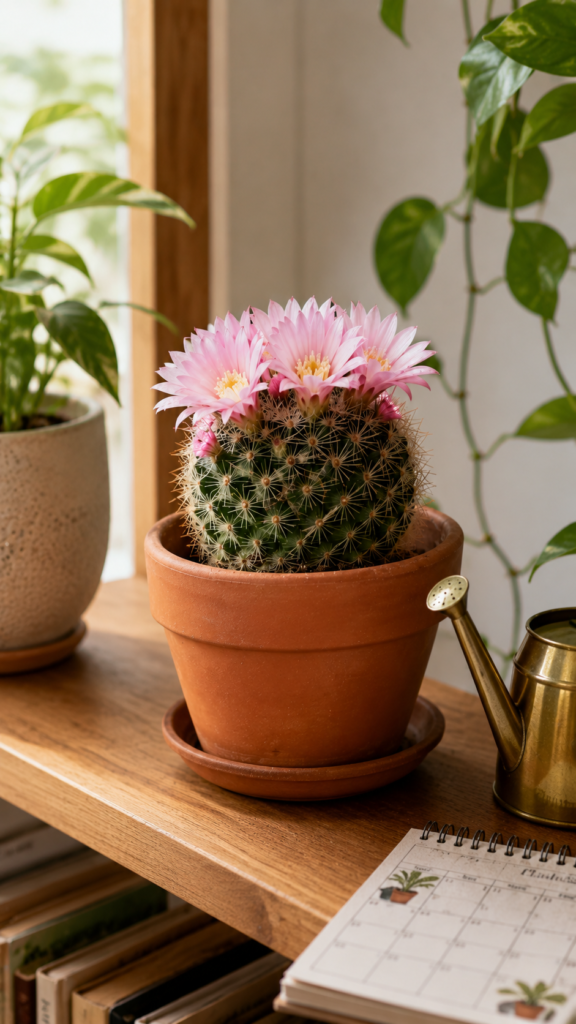 Flowering cactus at home beside a watering can showing proper watering care.