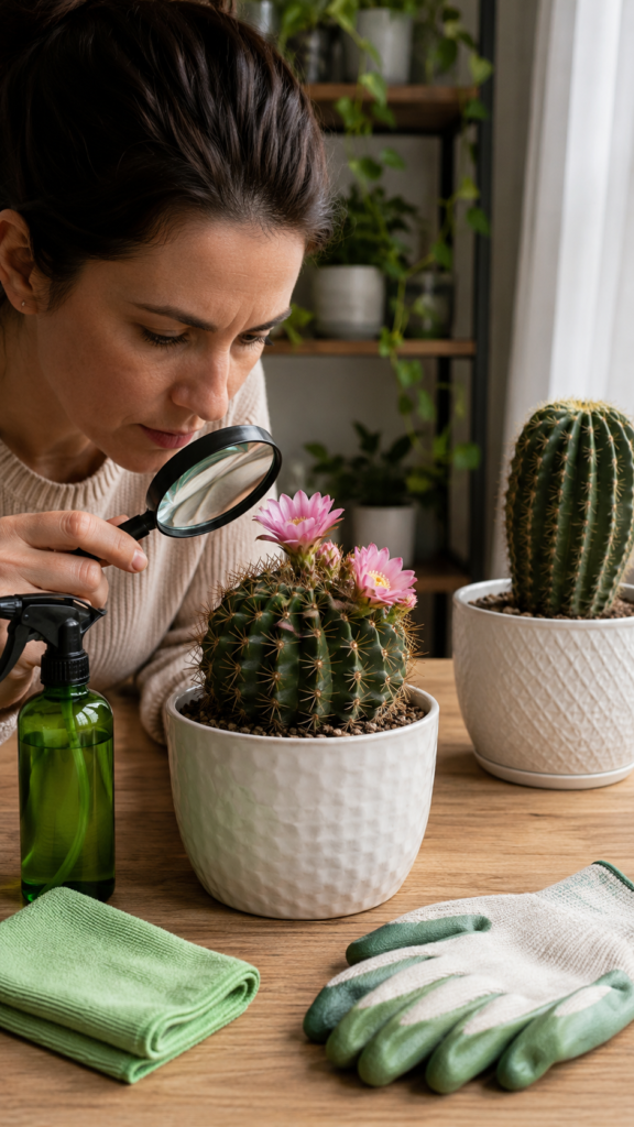 Flowering cactus being inspected at home for pests and diseases.