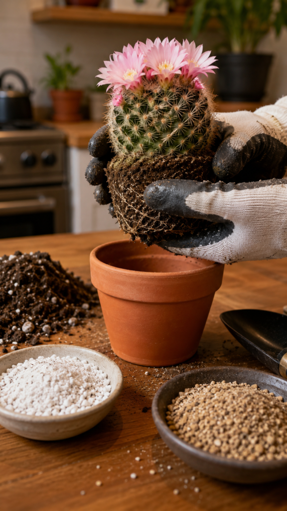Flowering cactus being repotted at home with cactus soil and terra cotta pot.