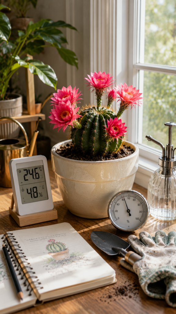 Flowering cactus growing at home with proper light, temperature, and humidity care.