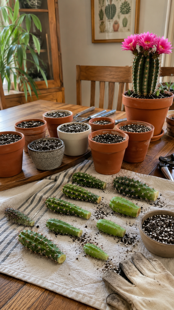Flowering cactus propagation at home with cuttings, soil, and small pots.