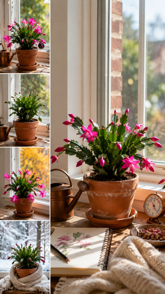 Flowering cactus seasonal care at home with sunlight, watering tools, and plant notes.