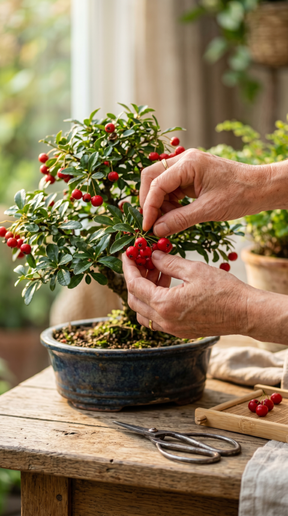 A hand reaching for ripe red fruit on a bonsai tree, surrounded by green leaves.