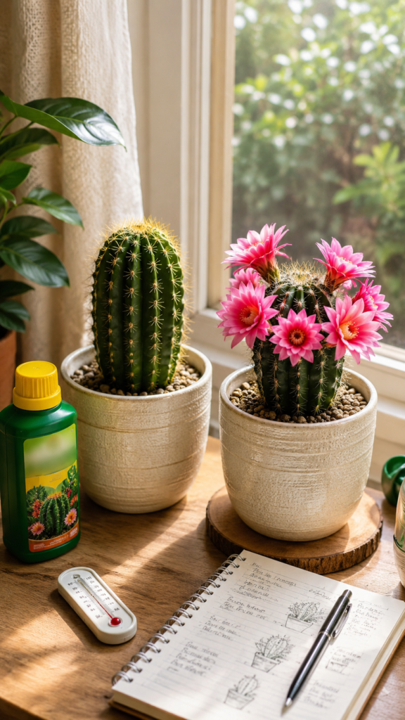 Non-blooming cactus beside a flowering cactus at home showing bloom care problems.