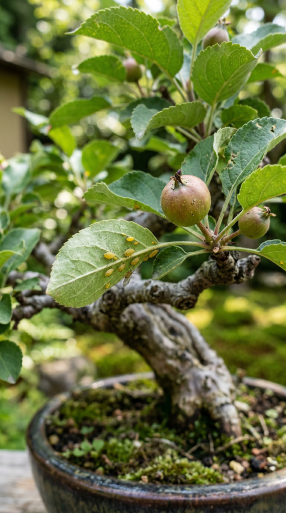 A bonsai tree with orange fruit and green leaves.