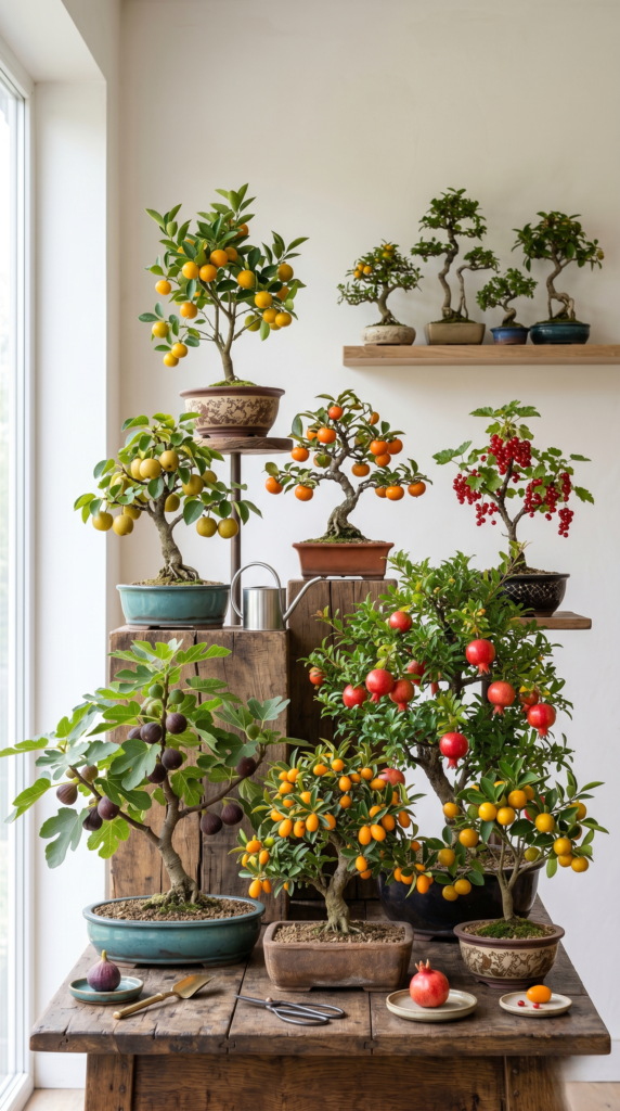 A collection of bonsai trees with colorful fruits, showcasing vibrant reds, oranges, and yellows against lush green leaves.