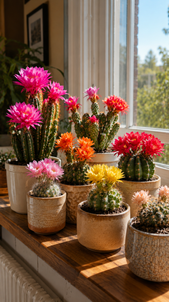 Popular flowering cactus varieties with colorful blooms on a home windowsill.
