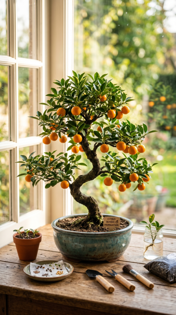 A bonsai tree with vibrant orange fruits on its branches.