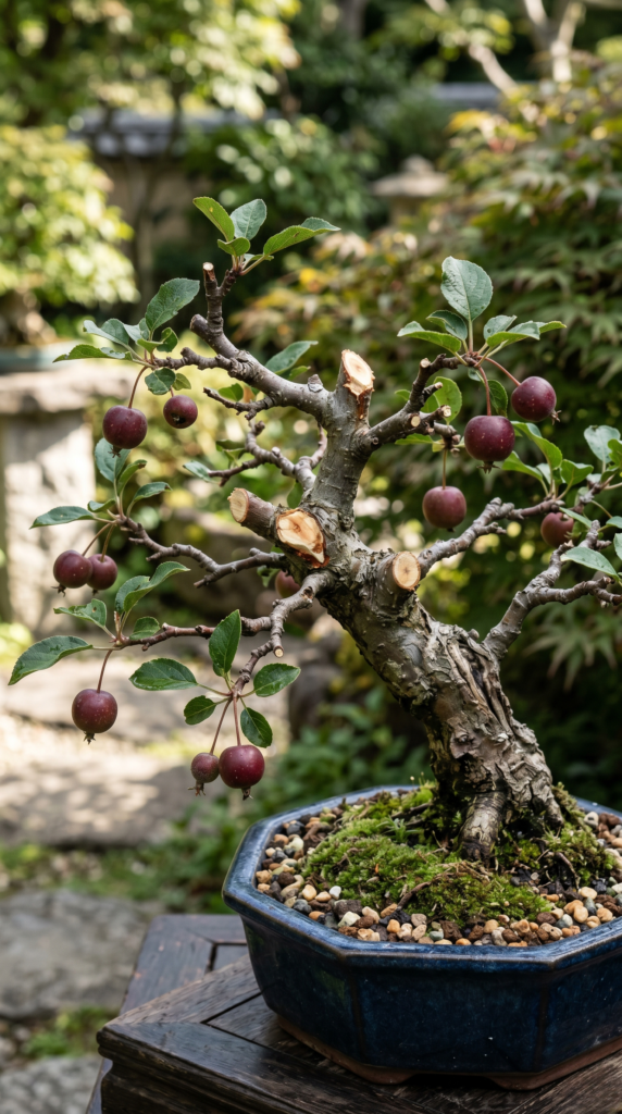 A bonsai tree with orange fruits being pruned with scissors
