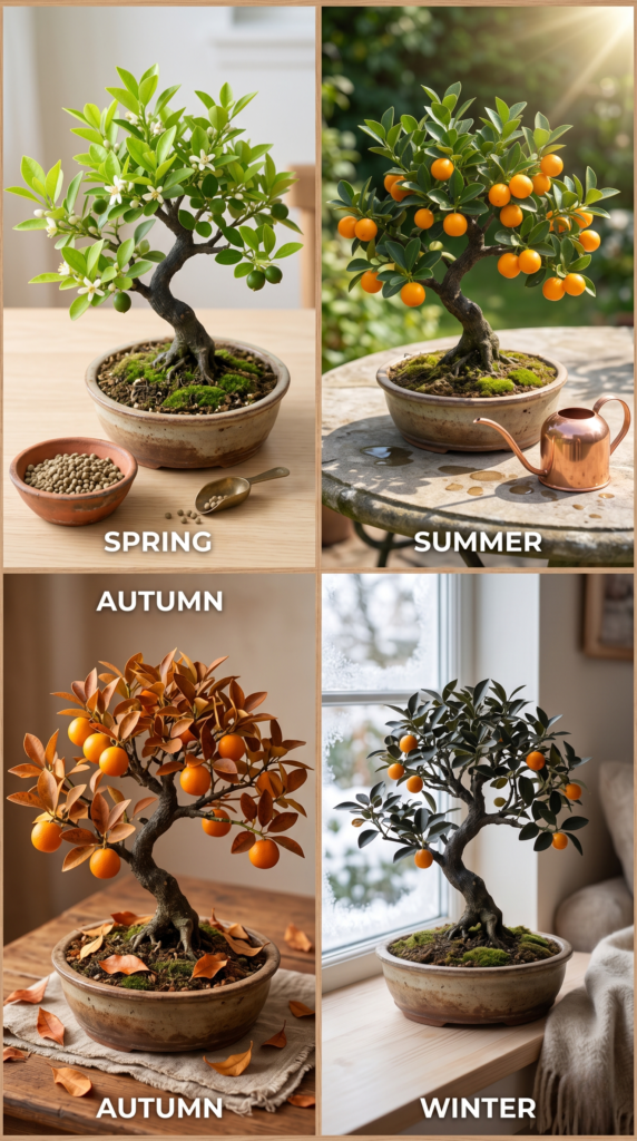 A bonsai tree with bright orange fruits, showcasing seasonal care tasks.