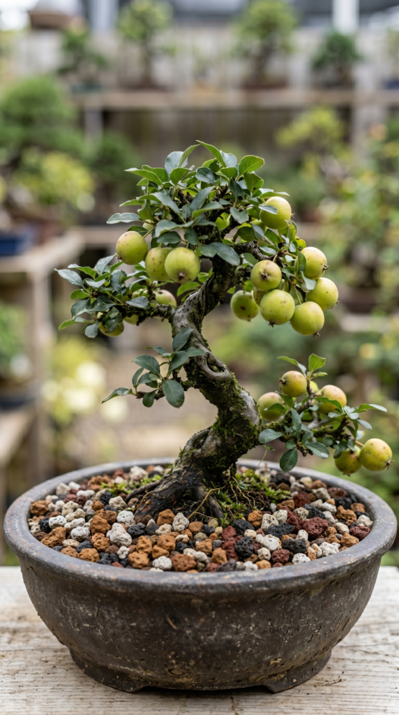A bonsai tree with green leaves and a single orange fruit hanging from its branches, showcasing its roots in rich soil.