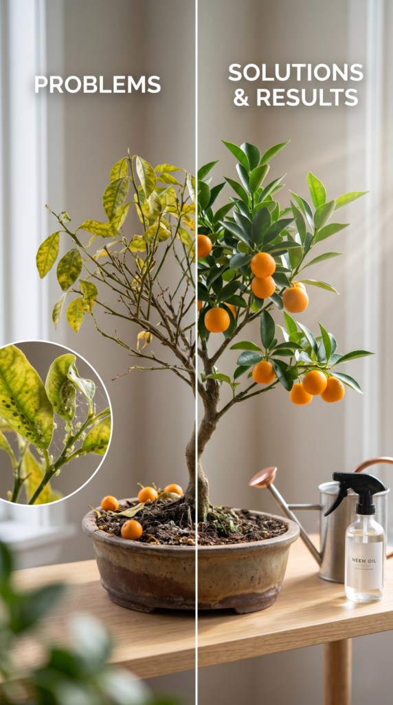 A person tending to a bonsai fruit tree with ripe fruit on its branches.