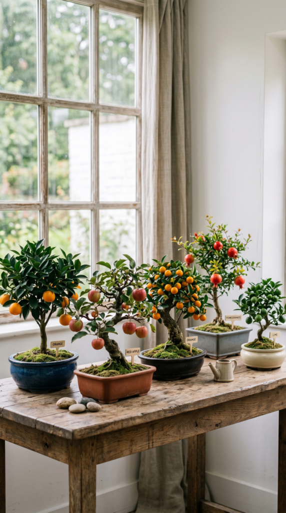 A collection of bonsai fruit trees with vibrant orange fruits, showcasing their artistic shapes and lush green leaves.