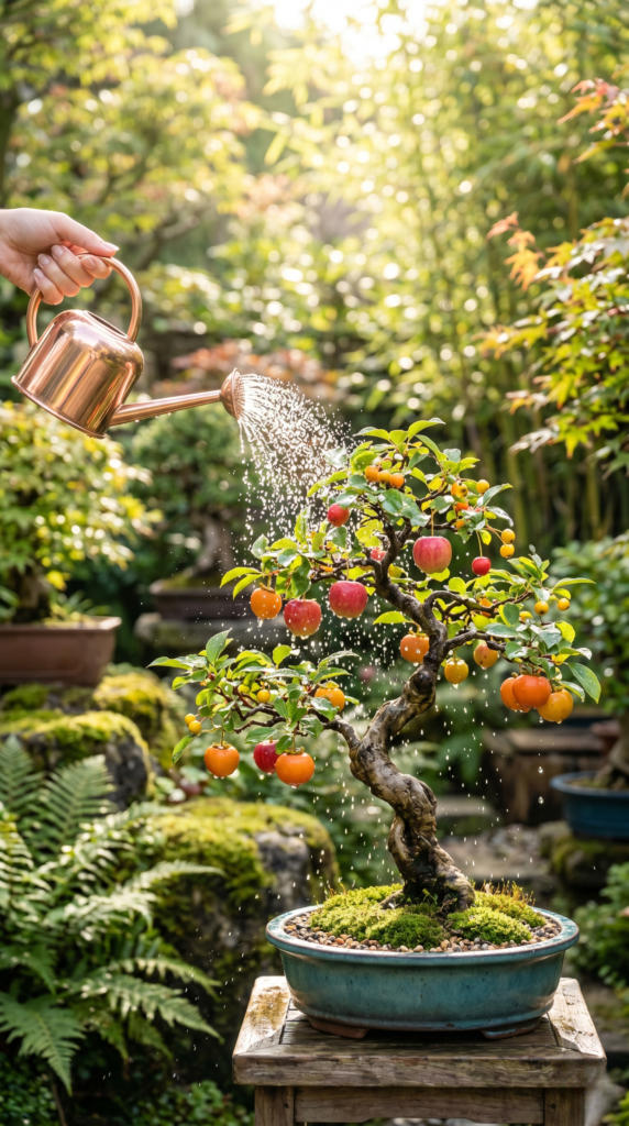 A bonsai tree with fruit being watered gently, showcasing proper watering practices.