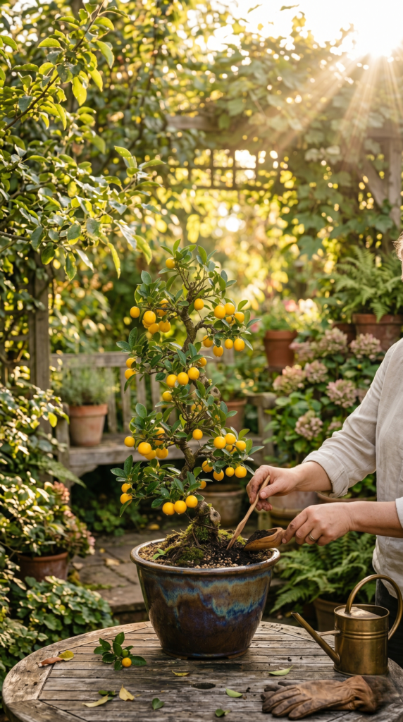 A person fertilizing a bonsai fruit tree with yellow fruit, surrounded by gardening tools.