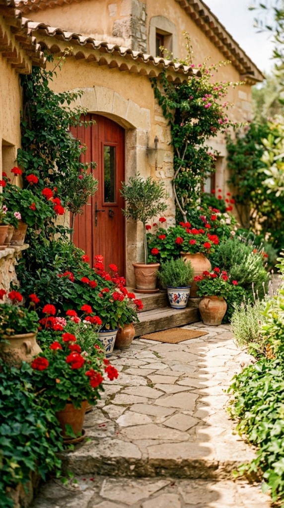 Vibrant red geraniums in decorative pots near a home entrance