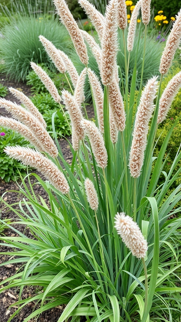 Flowering grasses with fluffy flower spikes in a garden setting.