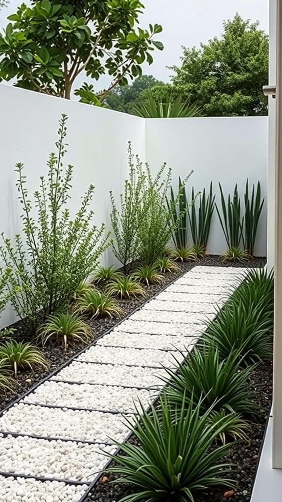 A modern minimalist garden featuring a path of white and black gravel, various succulents, and a bold wall sign.