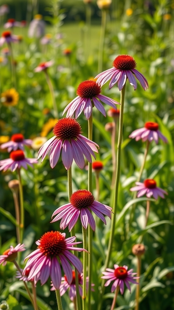 A vibrant display of bold coneflowers with pink petals and red centers, surrounded by greenery.