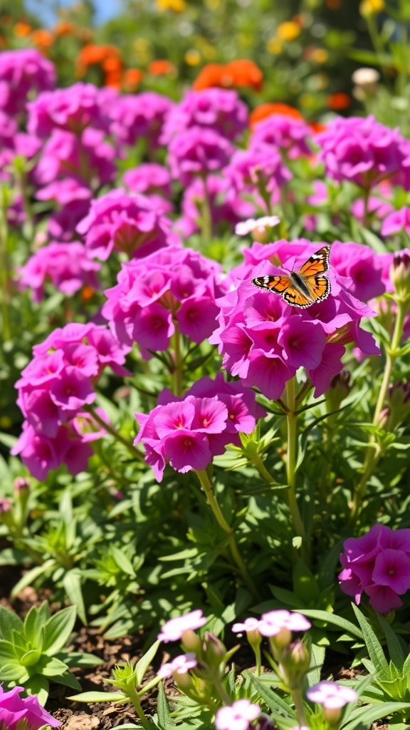 A vibrant display of pink phlox flowers with a butterfly resting on one of the blooms.