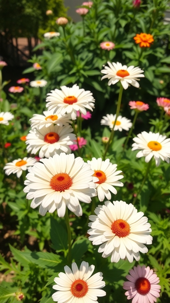 A cluster of fresh white zinnias with orange centers in a colorful garden