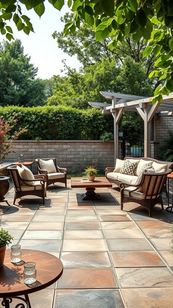 A cozy stone patio with comfortable seating and greenery surrounding it.