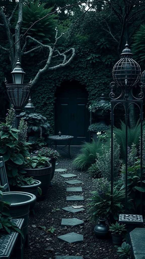 A Gothic garden featuring a stone pathway, dark foliage, and elegant lanterns.