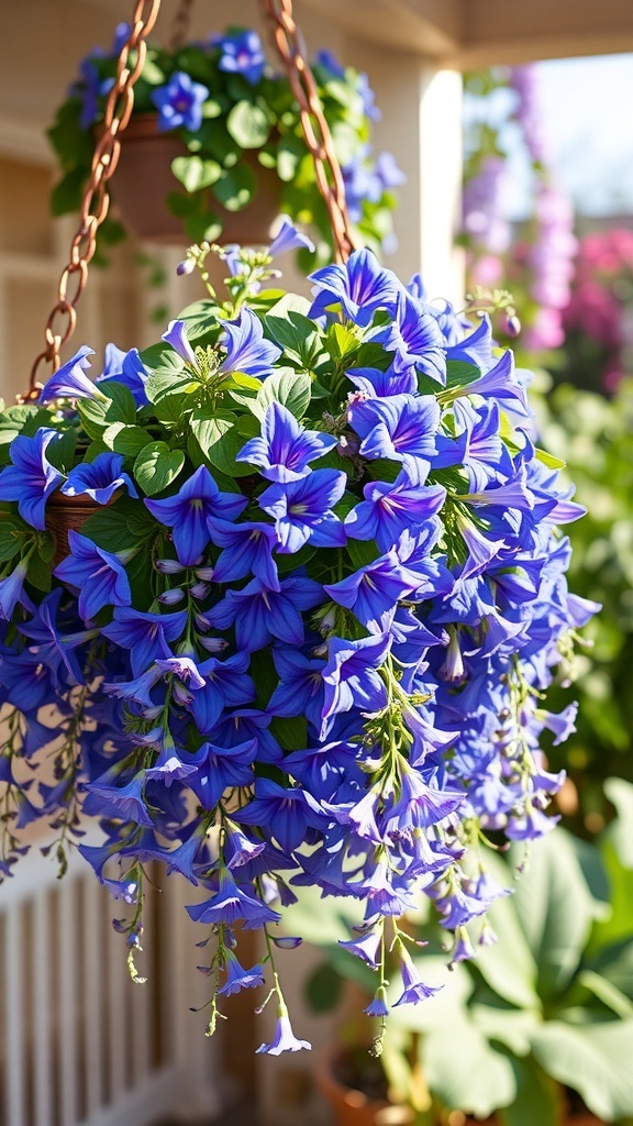 A vibrant hanging basket filled with blue lobelia flowers, showcasing their cascading growth.