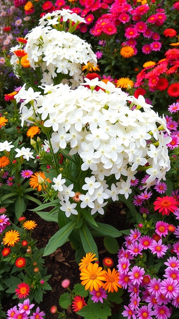 Clusters of white phlox flowers surrounded by colorful flowers in a garden