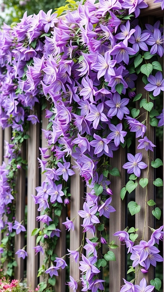 A vibrant display of purple clematis flowers climbing over a wooden fence.
