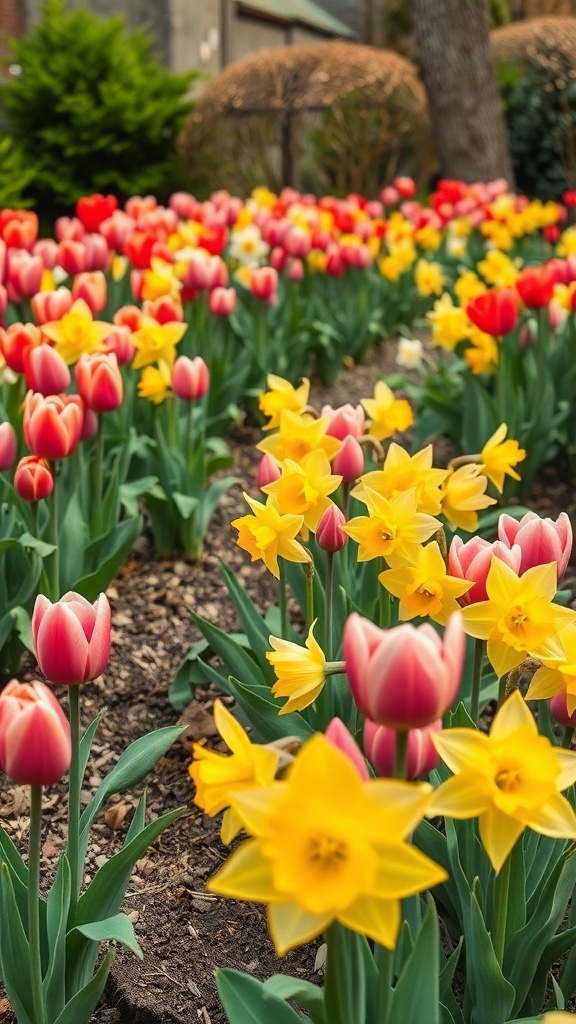 Colorful display of tulips and daffodils in a garden