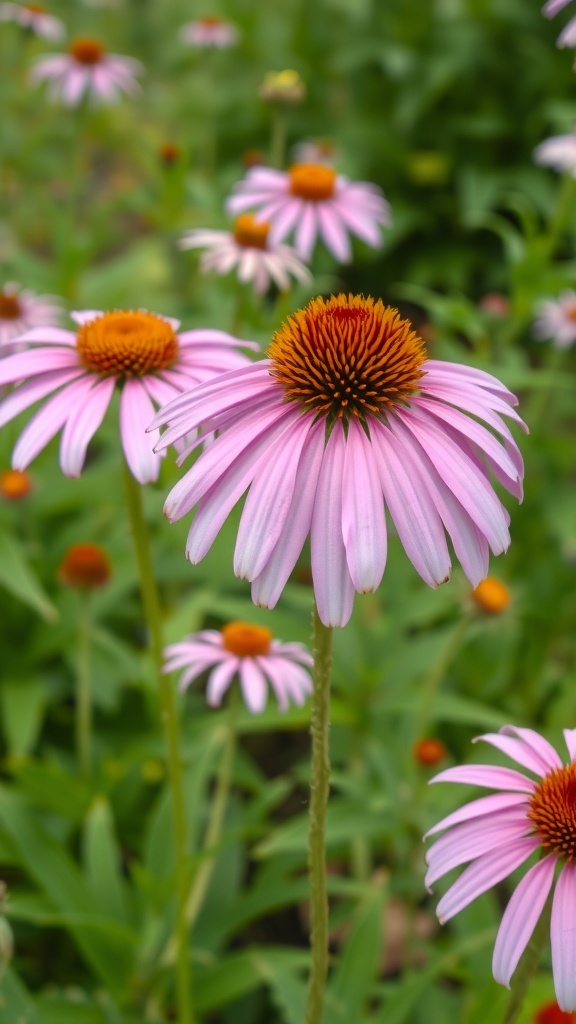 Purple Echinacea flowers in a garden