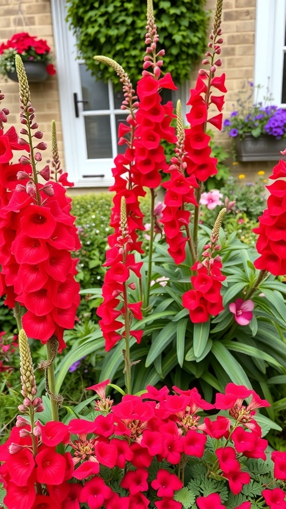 A vibrant display of red snapdragon flowers in a garden setting.