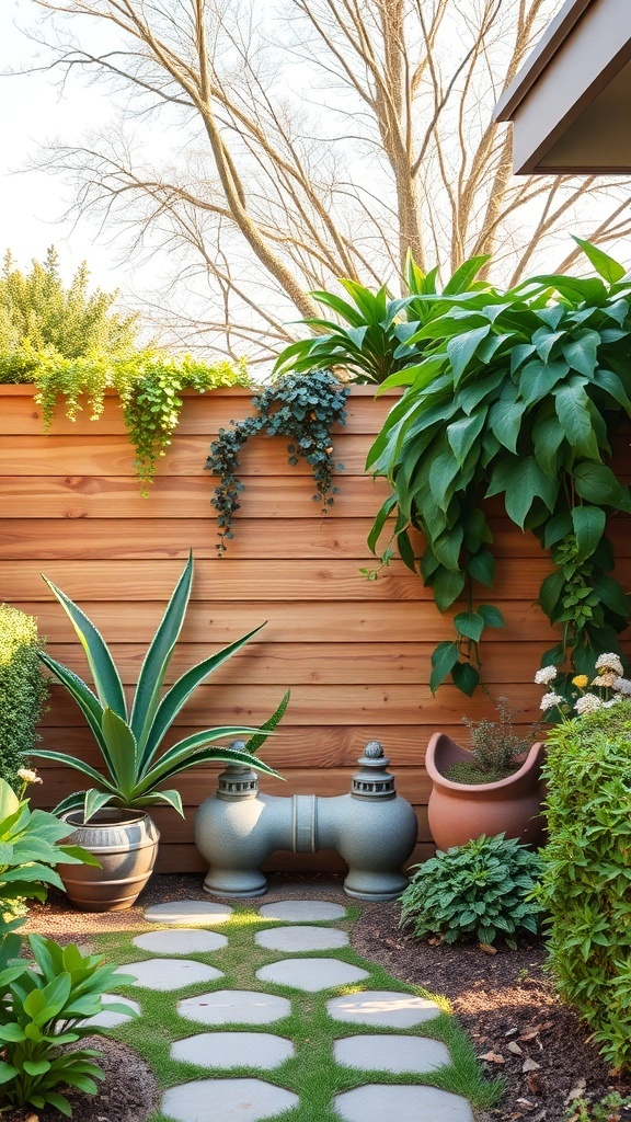 A decorative wooden garden fence with lush plants, unique planters, and stepping stones in a backyard.
