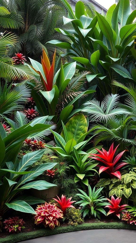 A vibrant tropical garden with layered foliage featuring large green leaves and colorful plants.