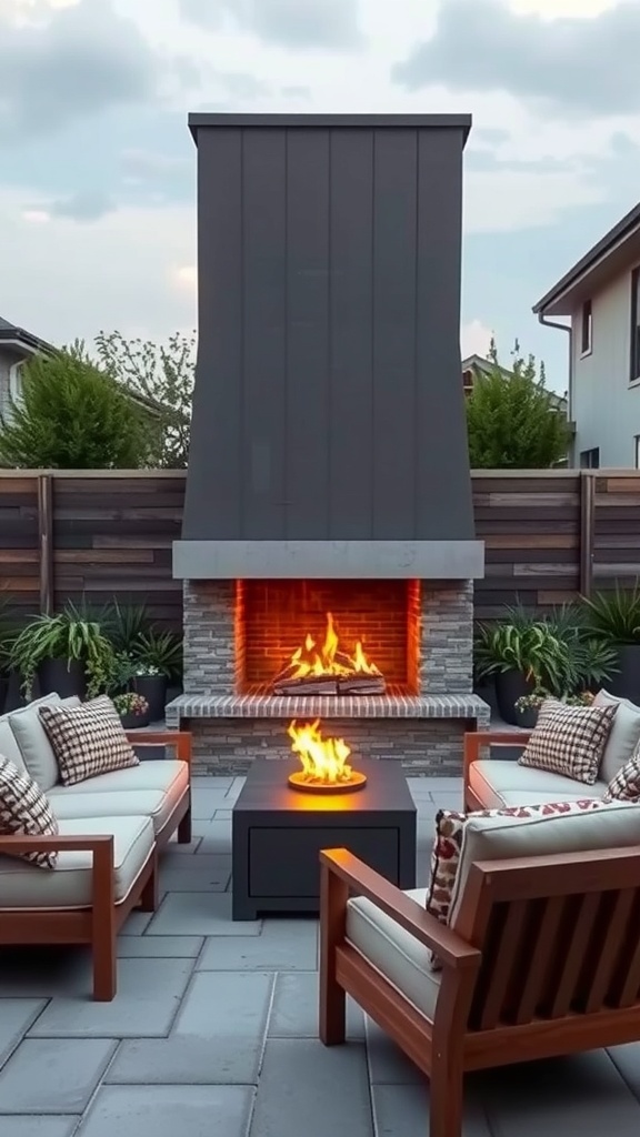 A stylish outdoor fireplace with a modern design, surrounded by comfortable seating and plants.