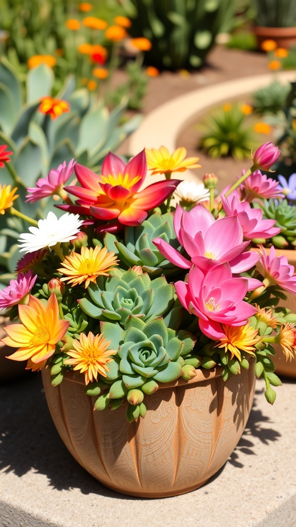 Colorful succulent arrangement in a decorative pot with pink and yellow flowers.