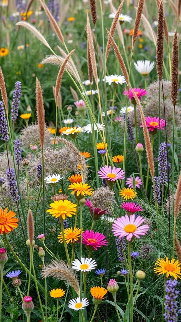 A colorful array of wildflowers including daisies, poppies, and lavender in a natural garden setting.