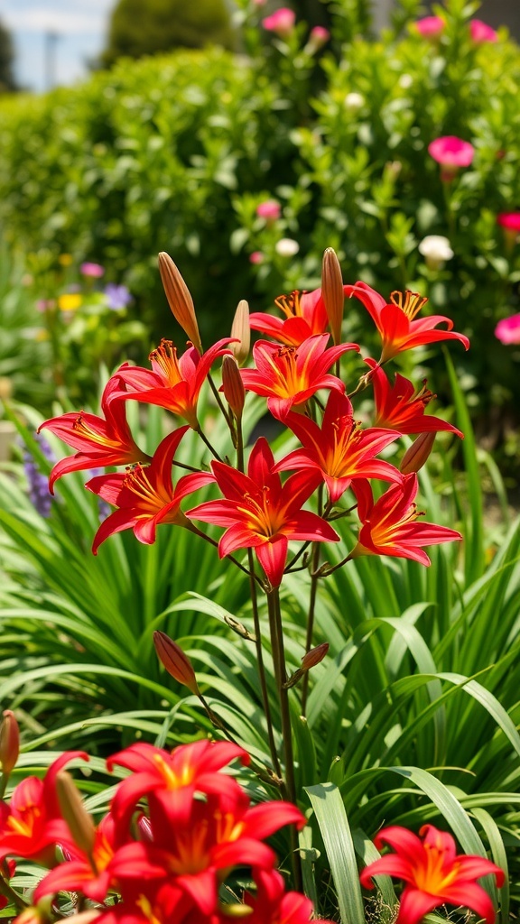 A cluster of vibrant red lilies in a garden, surrounded by green foliage.