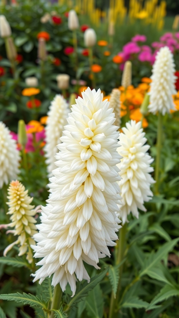 White Celosia flowers in a garden setting with colorful blooms in the background