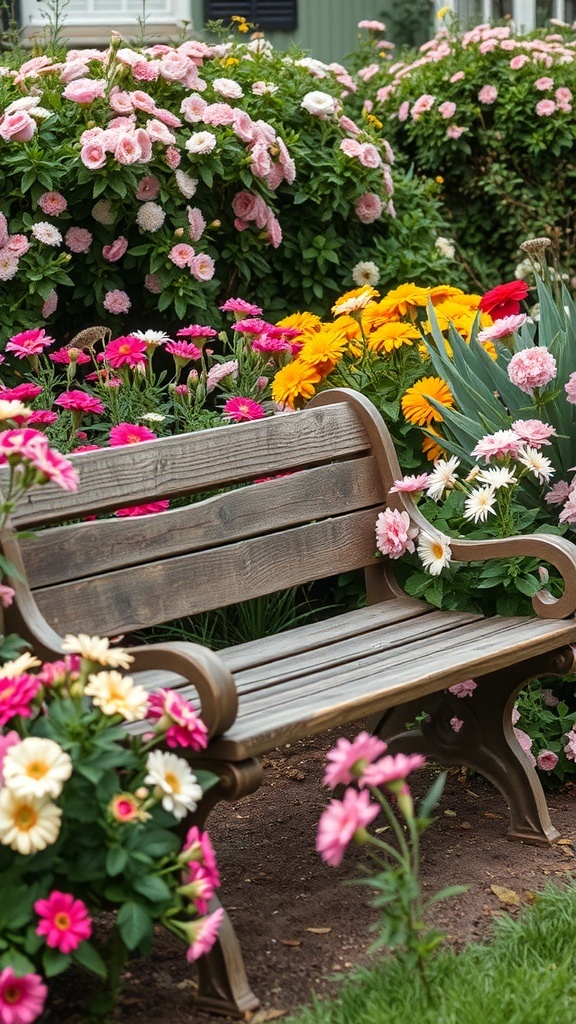 A wooden garden bench surrounded by colorful flowers in a backyard.