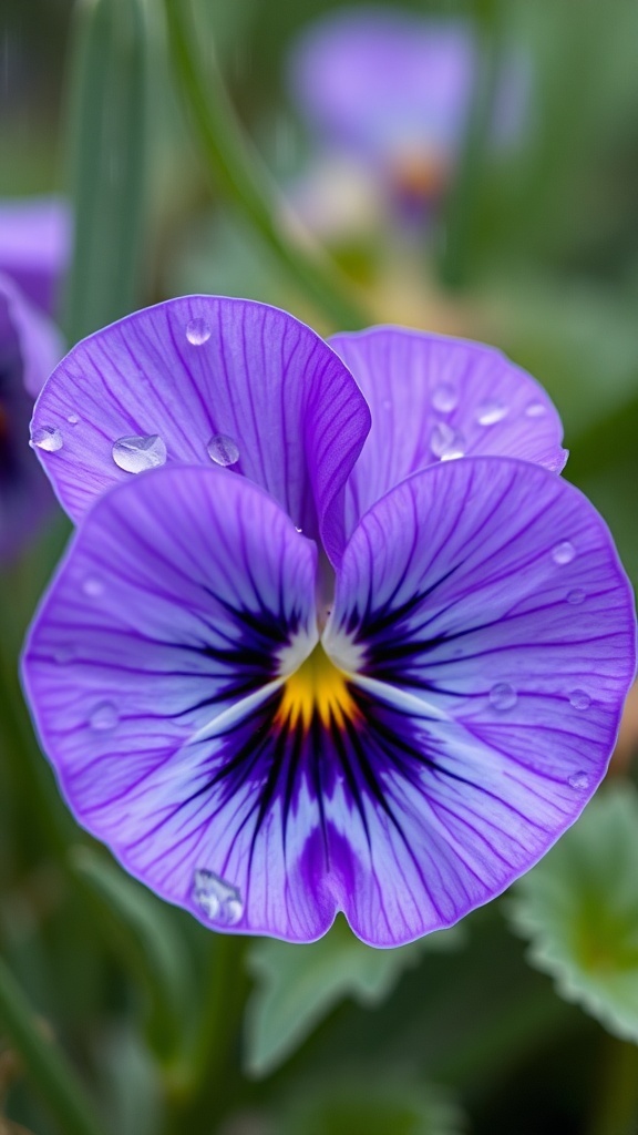 Close-up of a beautiful purple pansy flower with water droplets on its petals.