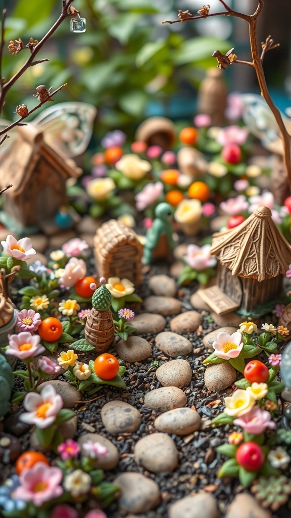 A whimsical fairy garden with colorful flowers, tiny houses, and decorative elements.