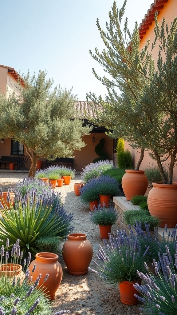 A Mediterranean garden featuring terracotta pots filled with lavender and olive trees, creating a serene outdoor space.