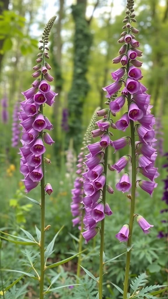 Tall purple foxglove flowers in a garden setting