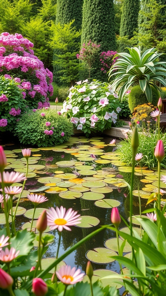 A beautiful flower garden featuring pink lilies and lush greenery surrounding a tranquil pond.
