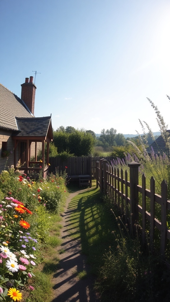 A rustic cottage garden with colorful flowers lining a path and a wooden fence.