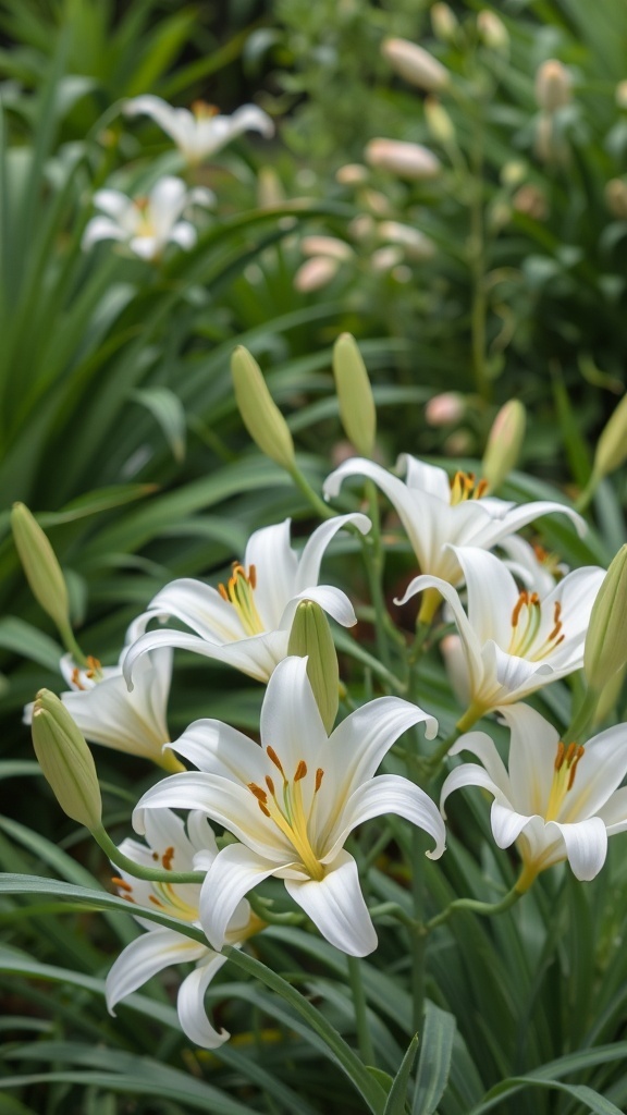 Clusters of white lilies surrounded by green foliage in a garden